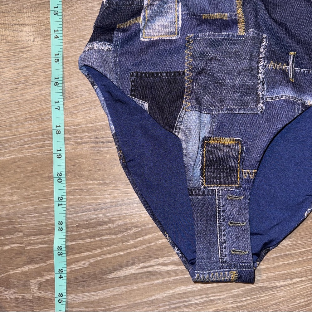 WeWoreWhat collar racerback denim patchwork one piece swimsuit blue XS NWT - Picture 14 of 15